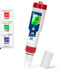 4 In 1 Water Quality Tester for Drinking Water with pH, Hydrogen H2, ORP and Temperature Readouts next to buffer powders.