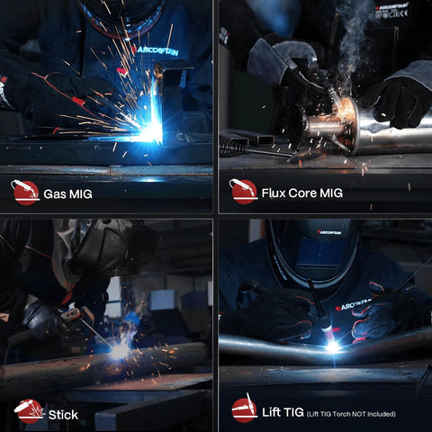 165A 4 In 1 MIG TIG MMA Welder Dual Voltage 110V 220V in action for gas MIG, flux core MIG, stick, and lift TIG welding