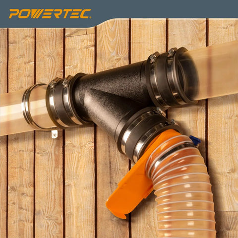 Efficient 4 Inch Y Fitting For Dust Collection Systems That Splits A Single 4 Inch Hose Into Two Lines Installed On A Wall