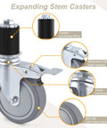 Four Inch Universal Adjustable Caster Wheels Set With Brakes For Tube Legs From 7/8 Inch To 1-5/8 Inch Fits Stainless Steel Tables