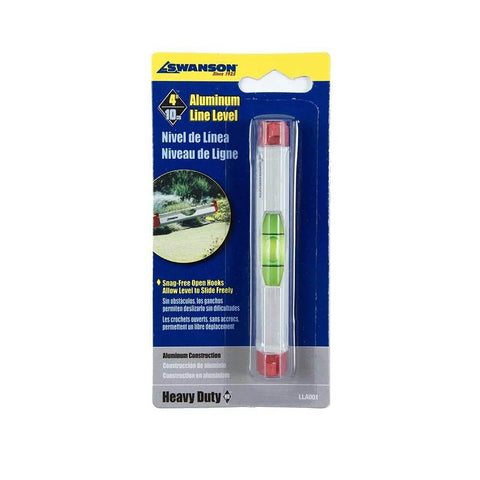 Compact 4 Inch Aluminum Line Level with precision vial in retail packaging, Swanson Tool.