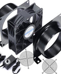 4 Inch Axial Exhaust Fan 120mm 12V With Dual Ball Bearings 3000RPM For DIY Soldering 3D Laser And Paint Booth Kit 141 CFM PWM Dimmer Included Duct Adapters Mesh Ready To Go shown with accessories.