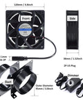 Front and side view of 4 Inch Axial Exhaust Fan 120mm 12V With Dual Ball Bearings 3000RPM For DIY Soldering 3D Laser And Paint Booth Kit 141 CFM PWM Dimmer Included Duct Adapters Mesh Ready To Go, showing duct adapters and dimmer.