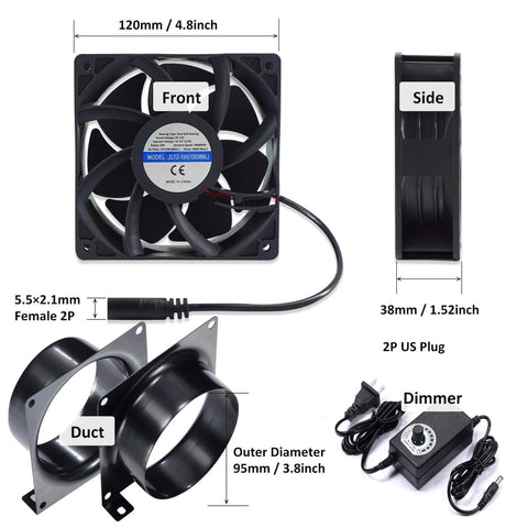 Front and side view of 4 Inch Axial Exhaust Fan 120mm 12V With Dual Ball Bearings 3000RPM For DIY Soldering 3D Laser And Paint Booth Kit 141 CFM PWM Dimmer Included Duct Adapters Mesh Ready To Go, showing duct adapters and dimmer.