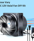4 Inch Axial Exhaust Fan 120mm 12V With Dual Ball Bearings 3000RPM for DIY soldering and laser kit, PWM dimmer, duct adapter visible.