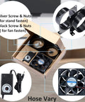 4 Inch Axial Exhaust Fan 120mm 12V With Dual Ball Bearings 3000RPM For DIY Soldering 3D Laser And Paint Booth Kit 141 CFM PWM Dimmer Included Duct Adapters Mesh Ready To Go showing fan, power adapter, and ducting adapters