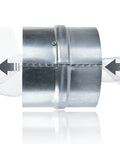 Side view of 4 Inch Backdraft Damper Duct 2 Pack One Way Airflow Insert For Ducting In Range Hoods Bathrooms Fans And Kitchen Fans Heavy Duty Galvanized Steel With Stainless Steel Axis And Spring Easy Install showing air direction.