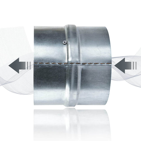 Side view of 4 Inch Backdraft Damper Duct 2 Pack One Way Airflow Insert For Ducting In Range Hoods Bathrooms Fans And Kitchen Fans Heavy Duty Galvanized Steel With Stainless Steel Axis And Spring Easy Install showing air direction.