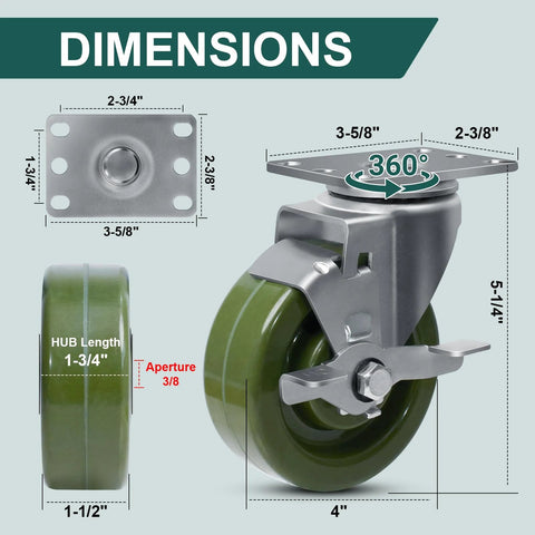 4x1.5 Inch High Temp Industrial Bakery Oven Caster Wheels Set Of 4 Heavy Duty Casters 2800 Lb Capacity With 2 Brakes And 2 Rigid Epoxy Resin Wheels Galvanized Steel Yokes Dual Bearings Chemical And Heat Resistant For Heavy Load Applications dimensions diagram