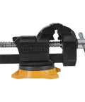 4-Inch Bench Vise for Workshop Use With 270-Degree Swivel Base, heavy duty construction, side view showing vise jaws and handle.