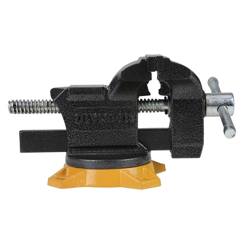 4-Inch Bench Vise for Workshop Use With 270-Degree Swivel Base, heavy duty construction, side view showing vise jaws and handle.