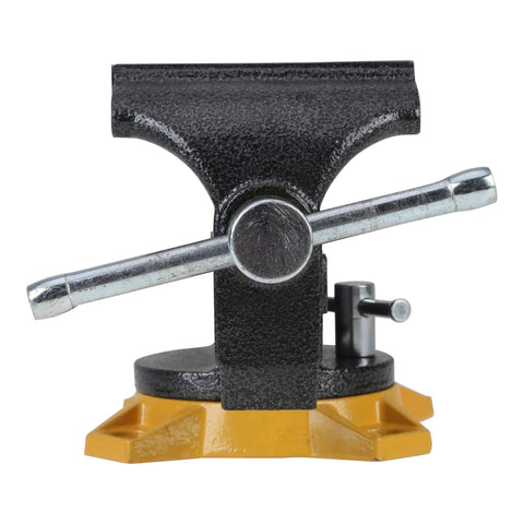 Front view of 4-Inch Bench Vise for Workshop Use with 270-Degree Swivel Base, Heavy Duty 4-Lug Base, powder coated gray finish.