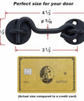 4” Privacy Hook and Eye Gate Latch Easy Lock for Barn Door, Black, shown with measurements, compared to a credit card for scale.