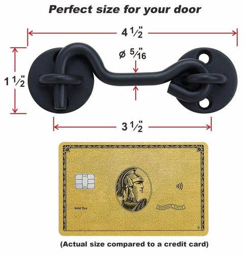 4” Privacy Hook and Eye Gate Latch Easy Lock for Barn Door, Black, shown with measurements, compared to a credit card for scale.