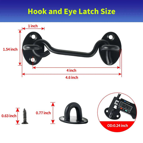 Diagram of Heavy Duty Built Tough 4 Inch Hook And Eye Latch Set 6 Pack Solid Stainless Steel Privacy Door Lock with measurements