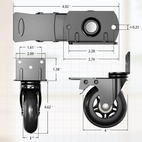 Technical dimensions of 4 Inch Side Mount Plate Caster Wheels L Shaped Heavy Duty Set with Brake 360 Degree Swivel