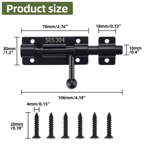4 Inch Sliding Door Lock, SUS304 Stainless Steel Padlock-Style Gate Latch with dimensions shown, includes mounting screws.