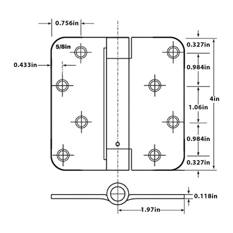 Technical diagram of 3 Pack Self Closing Door Hinges 4 Inch Black Spring Hinge With 5 Eighths Inch Radius Corner Adjustable Tension