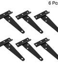 Set of 6 black heavy duty 4 inch T strap hinges for barn shed doors, wrought iron, corrosion resistant, 270 degree rotation.