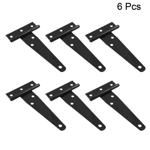 Set of 6 black heavy duty 4 inch T strap hinges for barn shed doors, wrought iron, corrosion resistant, 270 degree rotation.