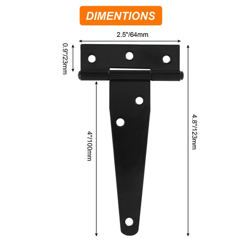 4 Inch T Strap Hinges Black Heavy Duty Tee Hinge for Barn Shed Doors Wrought Iron Durable Anti Rust Corrosion Resistant dimensions