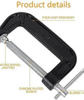 4 Inch Heavy Duty C Clamp with cast iron body, swivel jaw pad, suited for woodworking, welding and building projects.