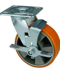 4" inch Heavy Duty Caster Wheel - Center Brake Aluminum - PU - Top Plate Mount designed for smooth motion