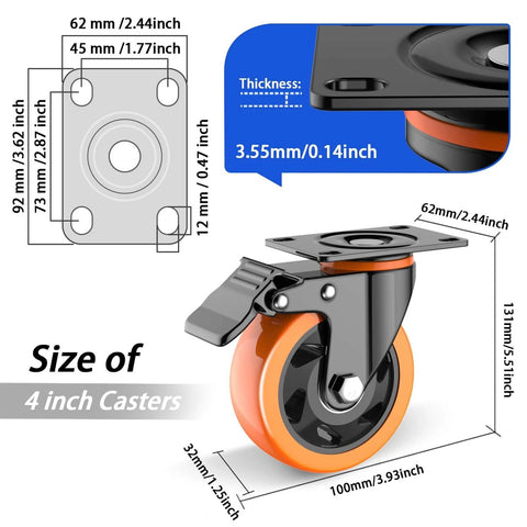 Diagram showing measurements of 4 inch heavy duty caster wheels set of 4 rated 2200 lb total with locking swivel plate brakes.