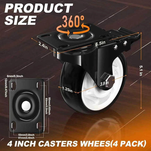 Dimensions of 4 inch heavy duty caster wheels set of 4 rated 2400 lb total with 360 swivel dual locking brakes silent non marking.