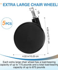 4 Inch Extra Large Chair Wheels 5 Pcs Heavy Duty Twin Office Chair Casters Replacement Seven Sixteenth Inch By Seven Eighth Inch Grip Ring shown.