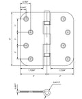 Technical drawing of 4 Inch Ball Bearing Door Hinges With Five Eighth Inch Radius Corners In Antique Nickel Finish Durable Steel Construction At 0.087 Inch Thick