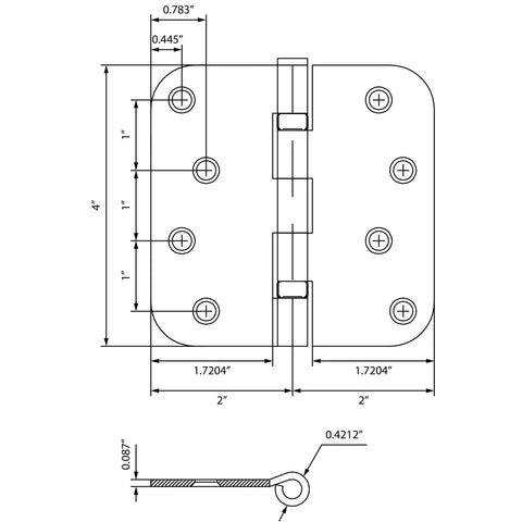 Technical drawing of 4 Inch Ball Bearing Door Hinges With Five Eighth Inch Radius Corners In Antique Nickel Finish Durable Steel Construction At 0.087 Inch Thick