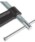 Close-up of a Bessey 4 Inch Drop Forged C Clamp with Swivel Pad, showing the cold drawn steel spindle and galvanized finish.