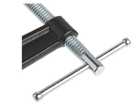 Close-up of a Bessey 4 Inch Drop Forged C Clamp with Swivel Pad, showing the cold drawn steel spindle and galvanized finish.