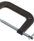 Bessey 4 Inch Drop Forged C Clamp With Swivel Pad Galvanized Finish Cold Drawn Steel Spindle in a side view showing details.