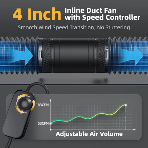 Ultra Quiet 4 Inch Inline Duct Fan With Stepless Speed Controller For Grow Tents Basements Bathrooms Workshops And Attics High Efficiency Exhaust Ventilation 183 CFM Low Noise ONVEAN, image shows fan with speed control.