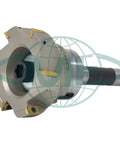 4 Inch 90 Degree Indexable Face Mill With R8 Arbor Six Pro Grade APKT1604 Inserts Included Pre Installed For Steel And Metalworking Precision Milling Six Flutes One And A Quarter Inch Mounting Bore Ideal For Roughing And Finishing side view.