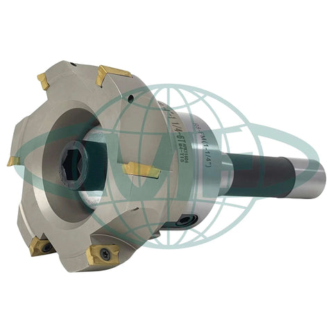 4 Inch 90 Degree Indexable Face Mill With R8 Arbor Six Pro Grade APKT1604 Inserts Included Pre Installed For Steel And Metalworking Precision Milling Six Flutes One And A Quarter Inch Mounting Bore Ideal For Roughing And Finishing side view.