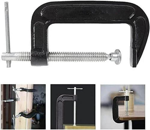 4 Inch Heavy Duty C Clamp, Industrial Steel Clamp for Woodworking, Welding, and Building Projects, shown securing wood pieces.