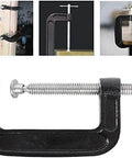 4 Inch Heavy Duty C Clamp showcased in various positions for woodworking and welding, highlighting cast iron and screw mechanism.