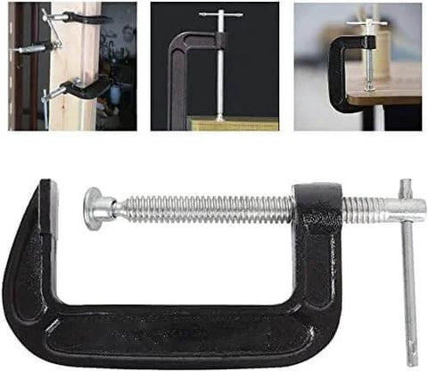 4 Inch Heavy Duty C Clamp showcased in various positions for woodworking and welding, highlighting cast iron and screw mechanism.