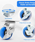 4 Inch Heavy Duty Casters with smooth rolling PU wheels, classic brake design, and non-marking performance in 360 rotation view