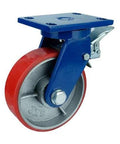4" inch Heavy Duty Caster Wheel - Brake Cast iron PU - Top Plate Mount with red polyurethane and cast iron construction.
