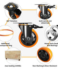 4 Inch Heavy Duty Caster Wheels Set of 4 with locking industrial swivel top plate design featuring quiet non marking polyurethane wheels double support bearings and 2200 lbs total load capacity with two hardware kits for furniture carts and workbenches, showcasing detailed features.