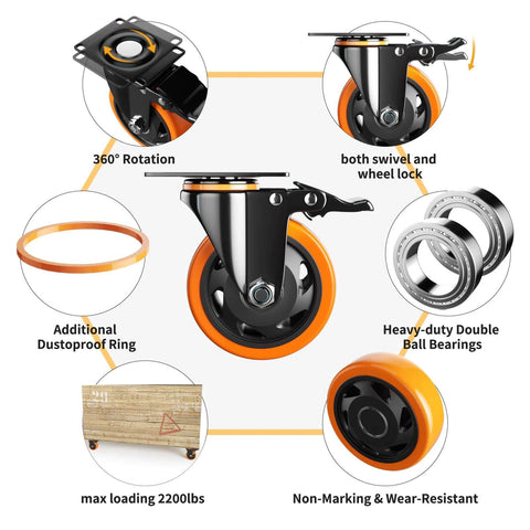 4 Inch Heavy Duty Caster Wheels Set of 4 with locking industrial swivel top plate design featuring quiet non marking polyurethane wheels double support bearings and 2200 lbs total load capacity with two hardware kits for furniture carts and workbenches, showcasing detailed features.