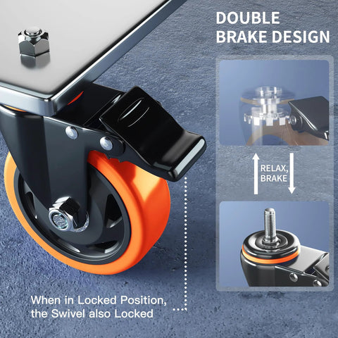 4 Inch Heavy Duty Stem Caster Wheels Set Of 4 With Dual Locking Brakes For Cart And Furniture, 2000 Lb Total Capacity, close-up on brake