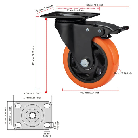 4 Inch Heavy Duty Caster Wheels Set of 8 with orange polyurethane swivel casters shown from side view with dimensions.