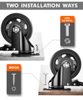 4 Inch Heavy Duty Caster Wheels Set of 4 with swivel top plate and locking brakes showing two installation methods for carts and workbenches.
