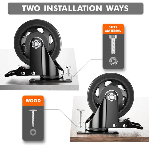 4 Inch Heavy Duty Caster Wheels Set of 4 with swivel top plate and locking brakes showing two installation methods for carts and workbenches.