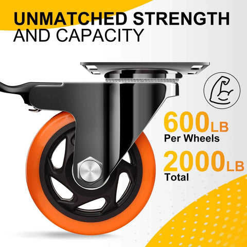 4 inch heavy duty caster wheels set of 4 with 2400 lb total capacity silent industrial swivel casters with locking brakes shown in close-up